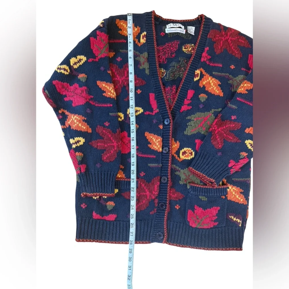 Le Moda Knitwear Hand Loomed Cotton Cardigan Leaves Fall Cottage Core Medium